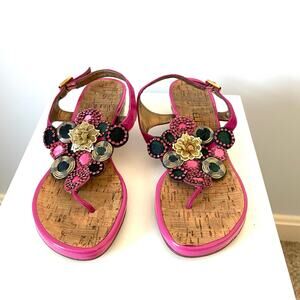 Vaneli Beaded Sandals, Pink Suede, Cork Wedge Heel, Women’s Size 7